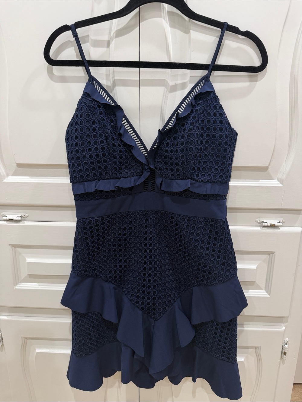 Bardot Navy Eyelet Lace Ruffle Dress